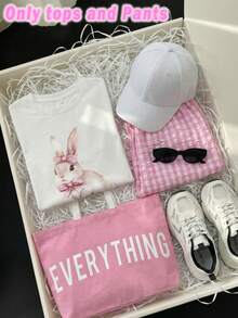 SHEIN ChillGRL Teen Girl White Minimalist Cute Bow Decor Round Neck Short Sleeve Cherry Print Top And Cargo Pants Set - White - View 3