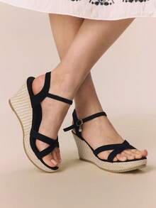 Styleloop Women's Fashionable Versatile Buckle Design Thick Sole Wedge Sandals For Daily Wear - Black - View 1