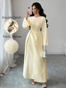 Elenzga Đầm dài tay màu vàng chất liệu vải dệt họa tiết, thanh lịch, eo đính kim loại, vạt xòe, kiểu dáng 2 trong 1 dành cho nữ, mùa xuân/hè. - Màu vàng - Xem 4