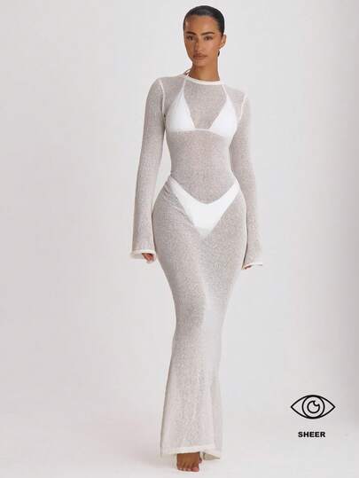 Musera Resort Maxi Scoop Back Knit Cover Up Dress Swim Vacation Holiday Summer Travel Beachwear Basics Hen Do Wedding Bridal Bachelorette Solid Colour Resort Core