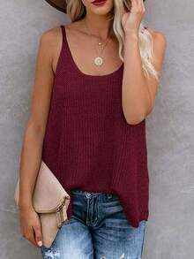 SHEIN LUNE Women's Casual Loose Solid Color Camisole Knit Top - Burgundy - View 7
