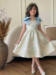 SHEIN Ärmlös klänning med blommig jacquard och rosett på axlarna för ung flicka - Rosa - Visa 10