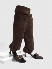 Daringsoles 女士鞋履春秋爆款露趾一字扣方头细高跟拉风卡其棕色美靴外穿 - 棕色 - 查看 1