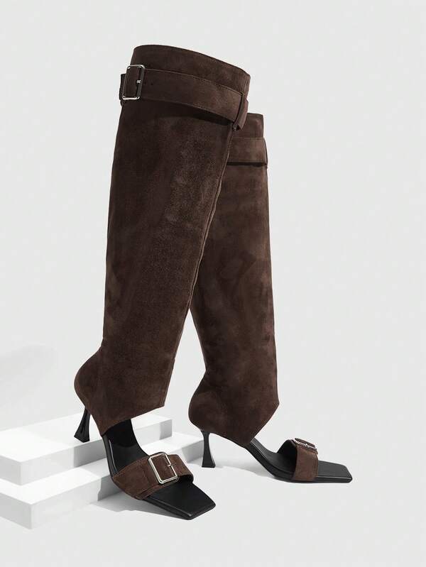 Daringsoles Women Shoes Spring And Autumn Explosion Open-Toe One-Word Buckle Square Head Thin High Heel Pull Wind Khaki Brown Beautiful Boots Outside Wear