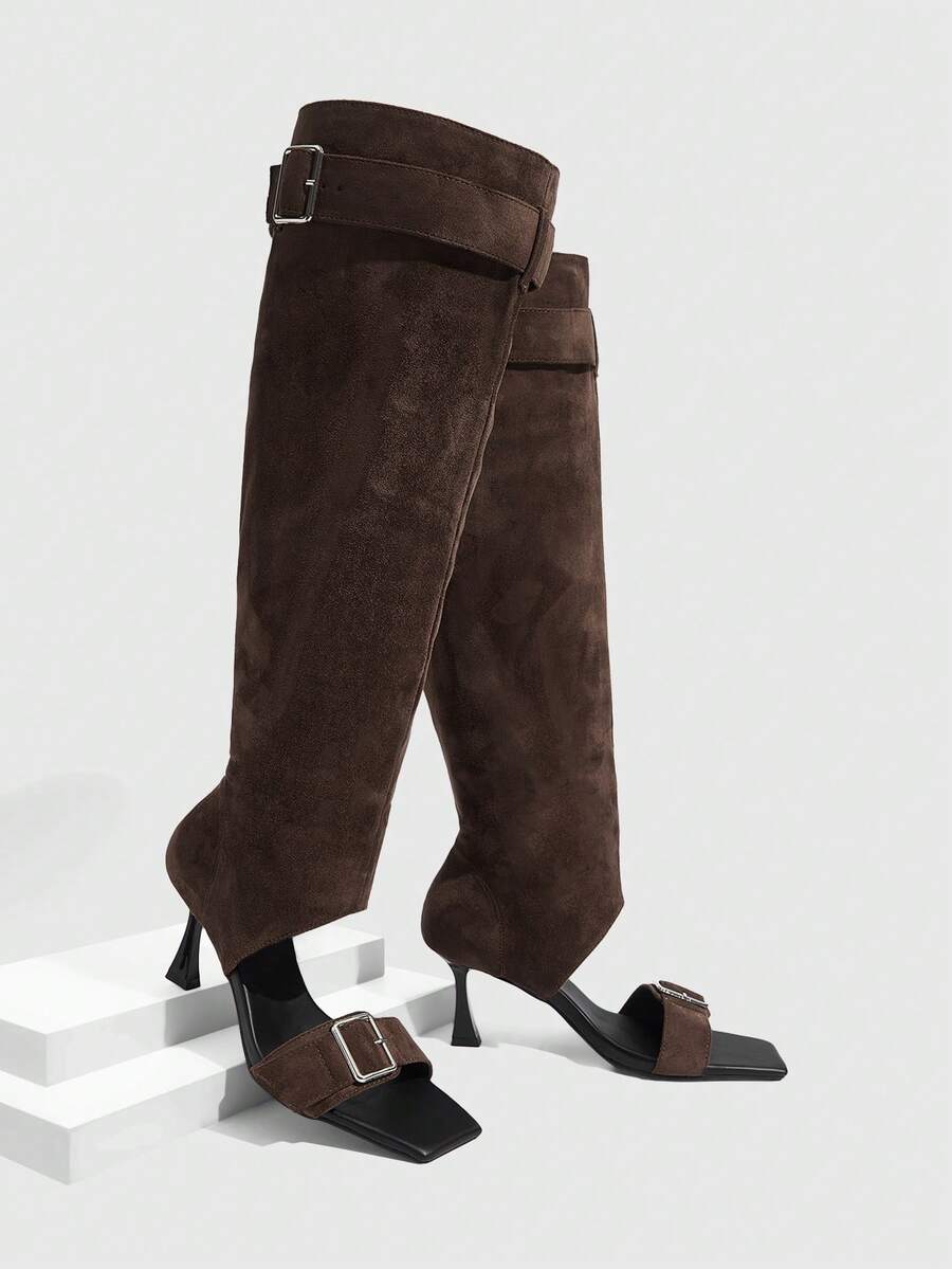 Daringsoles 女士鞋履春秋爆款露趾一字扣方头细高跟拉风卡其棕色美靴外穿 - 棕色 - 查看 1