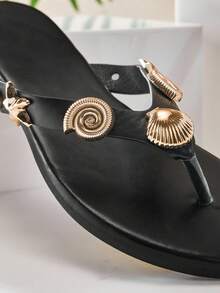 SHUZIA 魅力女士黑色多贝壳装饰人字拖凉鞋，舒适休闲，适合假日漫步，时尚春夏海滩玩乐 - 黑色 - 查看 6