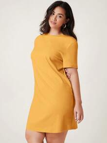 EMERY ROSE Vestido camiseta de manga corta de talla grande de un solo color - Amarillo - Ver 5