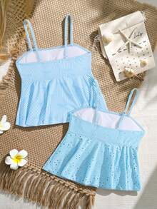 2件套女童蝴蝶结印花上衣，荷叶边下摆，提花面料半身裙 - 彩色 - 查看 2