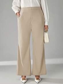 SHEIN Tall CURVE Plus Size Women Solid Color Pocket Flare Loose Casual Commuter Pants - Apricot - View 4