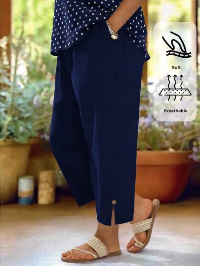 EMERY ROSE Plus Size Casual Solid Color Tapered Pants,Summer Outfits For Women