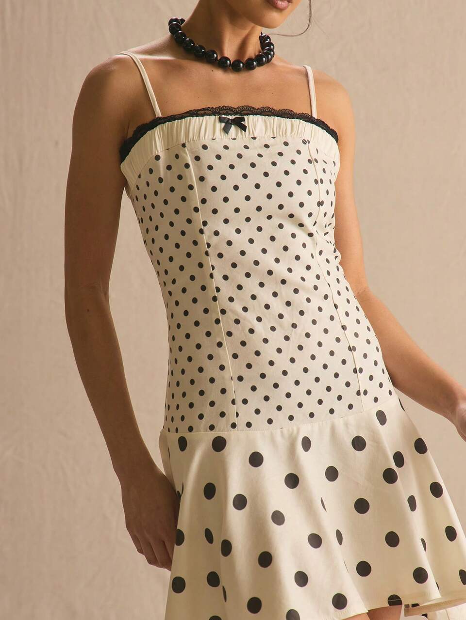 Lace Trim Asymmetric Polka Dot Bow Mini Dress Spring Summer Cosy Cute Daily Girly Vacation Sunlight Social