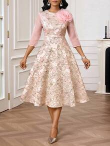 SHEIN Lady Women's Textured Floral Midi Dress - Pink - View 1