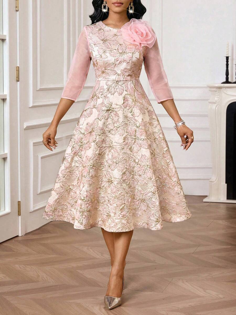 SHEIN Lady Women's Textured Floral Midi Dress - Pink - View 1