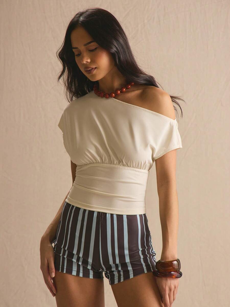 MUSERA Off-The-Shoulder Cinched Top Spring Summer Cosy Cute Daily Girly Vacation Sunlight Social Holiday Casual Y2K Social Elegant - White - View 1