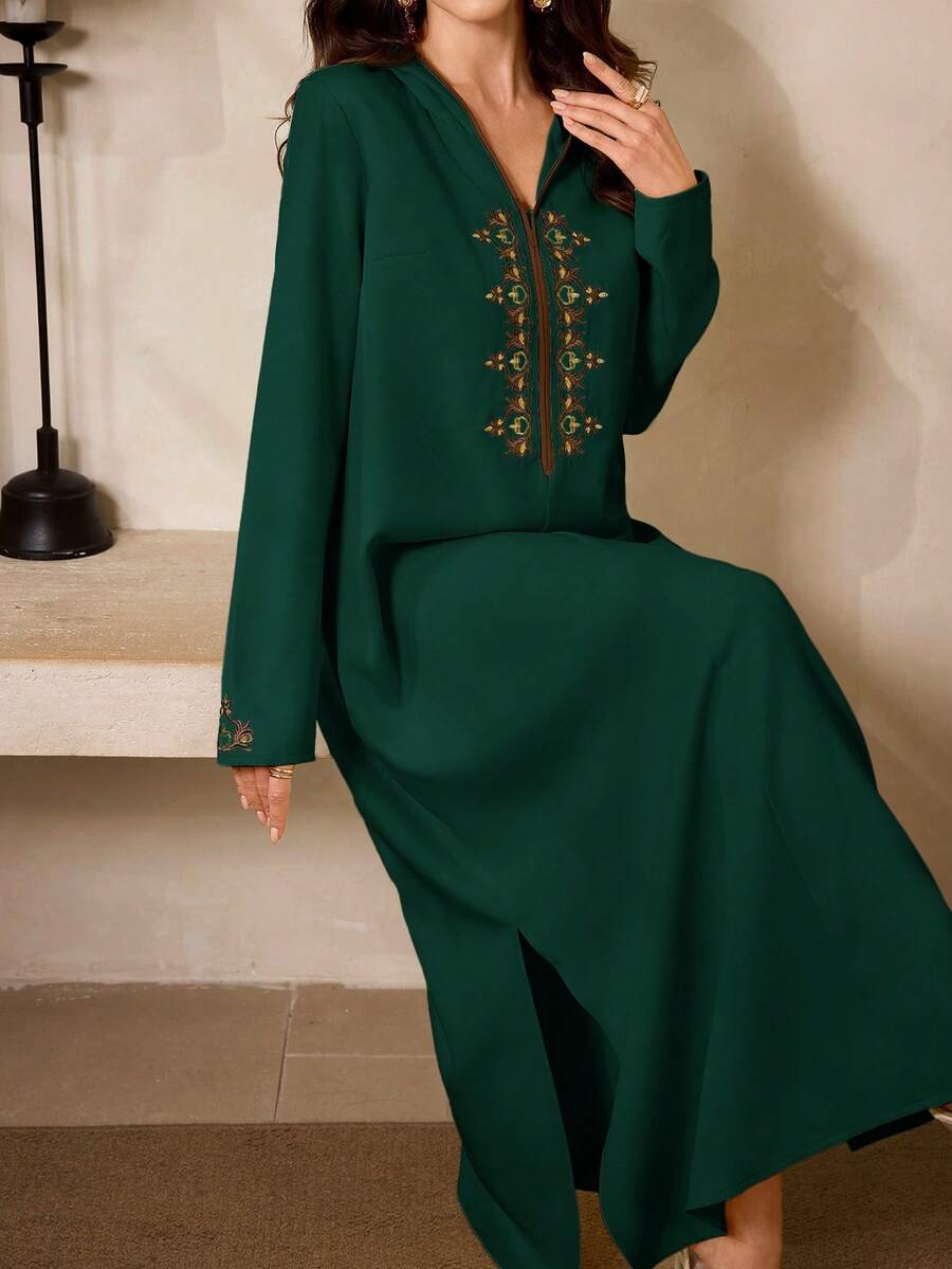 Al Najma 女士优雅复古刺绣连帽阿拉伯连衣裙 - 綠色 - 查看 1