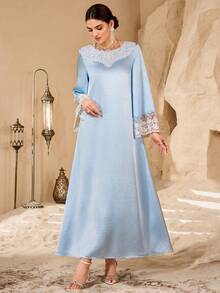 Al Najma Women's Contrast Lace Round Neck Flare Sleeve Elegant Arabic Style Dress Abayas Dubai Luxury Muslim Dress For Women Abaya Dress Modest Dress Dusty Blue Elegant Dress - Blue - View 3