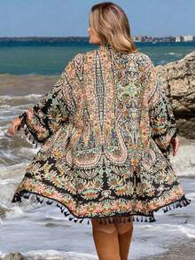 SHEIN CURVE+ Curve 尺码 US22 音乐节、海滨度假、波西米亚风印花流苏下摆和服，适合旅行、机场、郊游、乡村、返校、假日等各种场合，优雅休闲，度假风，波西米亚风和服，夏季印花和服，嬉皮波西米亚风和服 - 彩色 - 查看 7