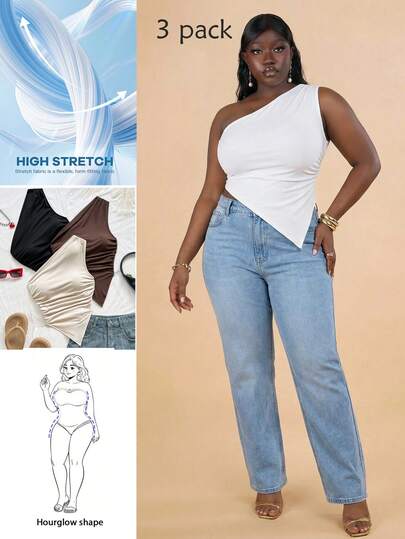 Hourglow Plus Size Women Summer Casual Vacation Daily Commute Solid Color Asymmetric Hem Fitted Blouse, Summer Tops