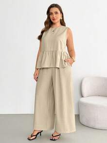 SHEIN Essnce Women's Plus Size Summer Smart Casual Khaki Two Piece Set,Everyday Back Bow Tie Top And Wide-Leg Pants,Fashion Loose Comfortable Vacation Outfits - Apricot - View 4