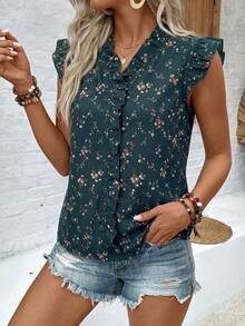 SHEIN LUNE Women's Ditsy Floral Casual Shirt With Flared Sleeves - Teal Blue - View 5