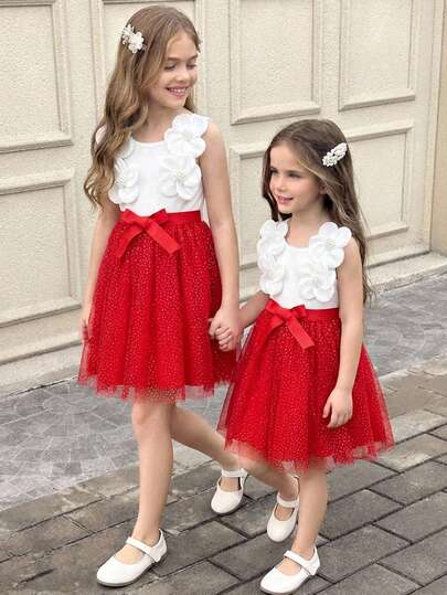 SHEIN Vestido casual sin mangas con parches de flores 3D de punto y malla para niña