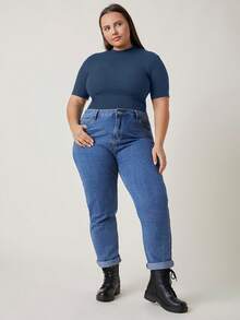 EMERY ROSE Plus Size Casual Solid Color Short Sleeve T-Shirt, Summer - Navy Blue - View 6