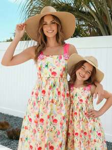 Young Girl Summer Casual Beach Vacation Floral Print Ruched Waist Dress - Multicolor - View 3