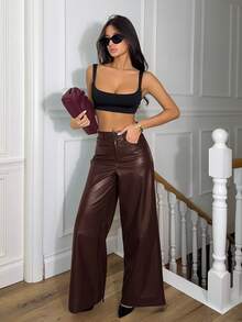 Ronhire Damen Lederhose mit glatter Vorderseite und Knopfverschluss, minimalistisch, lässig, Alltagskleidung, Damenhose - Kaffeebraun - Übersicht 3