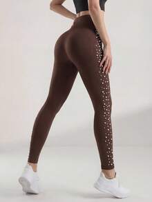 Anewsta Women's Fashionable Fitted Sports Pants With Beads And Rhinestones, Spring/Summer - Brown - View 2