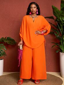 SHEIN CURVE+ Kích cỡ US22 (dành cho người có thân hình đầy đặn) Lễ hội âm nhạc, Kỳ nghỉ bên bờ biển, Phong cách Bohemia Bộ 2 món áo tay dài cổ bẻ màu trơn, trang phục phương Tây dành cho nữ - trái cam - Xem 5