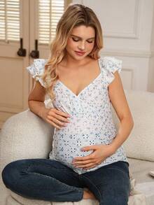 SHEIN Printed Ruched Sleeve Casual Crossover Neck Comfortable Maternity T-Shirt - White - View 1