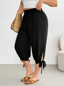 Shapeblank Quần Capri nữ cỡ lớn thời trang xuân/hè, dáng rộng thoải mái, mát mẻ, cạp chun co giãn, thắt nơ đen, quần áo mùa hè, quần nữ, trang phục đi nghỉ mát, quần ống rộng nữ, trang phục thường ngày nữ, trang phục mùa hè nữ, bộ trang phục đi nghỉ mát nữ, quần thường ngày xuân/hè cho nữ - màu đen - Xem 3