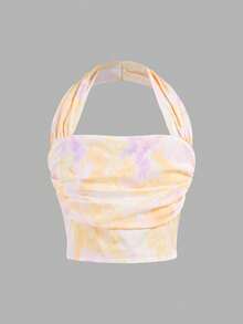 SHEIN Girlism Tween Girl Fitted Elegant Halter Backless Tank Top & Floral Print Skirt 2-Piece Set - Mustard Yellow - View 7