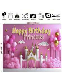 1件优雅公主主题摄影背景布，涤纶粉色城堡童话背景布，专业摄影道具，适用于生日、奇幻派对和梦幻般的庆祝活动 - 黑色 - 查看 13