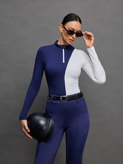 Activina Women's Contrast Color Patchwork Fitted Long Sleeve Equestrian Top