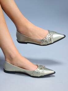 CUCCOO GRLICON Women's Rivet Decor Buckle Pointed Toe Flat Shoes Valentine's Day - Gold - View 3
