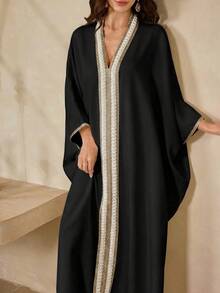 Al Najma Đầm nữ dáng rộng cổ chữ V với viền dệt, kiểu Ả Rập. - màu đen - Xem 1