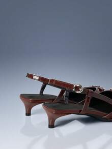 CUCCOO GRLICON Burgundy Patent Leather Pointed Back Empty Metal Ring Buckle Kitten Heel Women's Shoes - Brown - View 4