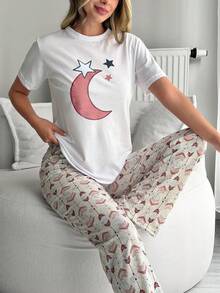 SHEIN Dreamy Moon & Star Print Contrast Tee & Striped Pajama Set - Pink - View 4