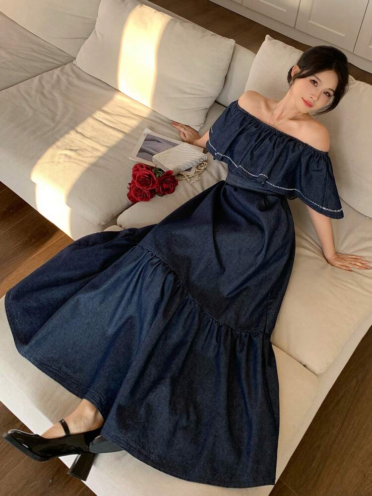 Vintage Elegant Off Shoulder Ruffle Patchwork Cinched Waist Denim Dress For Women Summer