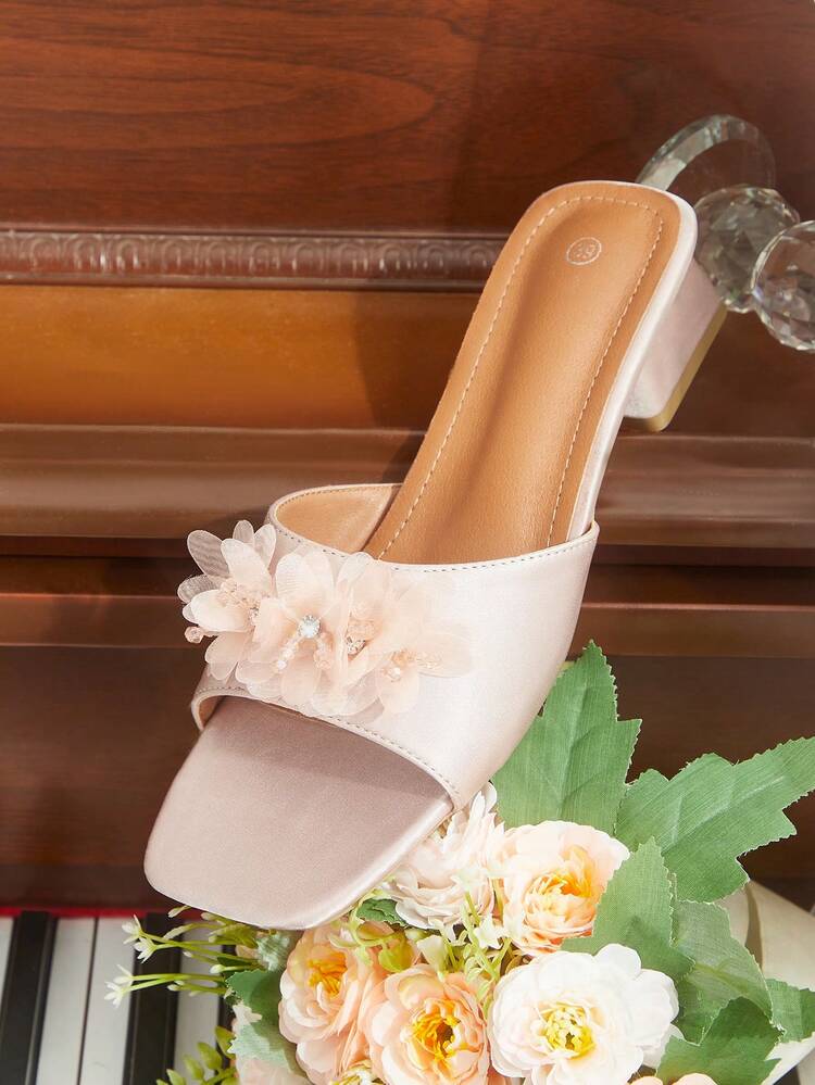 CUCCOO HITCHD Women Shoes Spring And Summer Decal Rhinestone Element Square Toe 4CM Coarse Heel Fashion Style Champagne Satin Fabric Coarse Heel Slippers Wedding Valentine's Day Wear Wedding Shoes Spring Shoes Bride Shoes