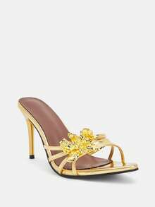 Glitzique 女士时尚新款细高跟性感派对和日常穿着别致优雅高跟凉鞋 - 金色 - 查看 6