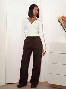 Mima John Women's Knitted Coffee Brown Long Straight Leg Sweatpants With Practical Pockets Wide Leg Sweatpants Brown Pants Flare Sweat Pants Brown Bottoms Women Y2k Pants - Coffee Brown - View 5