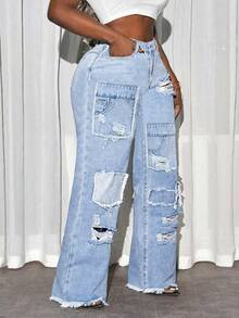 SHEIN PETITE Women's High Waist Pockets Distressed Frayed Hem Loose Wide Leg Jeans - Light Wash - View 5
