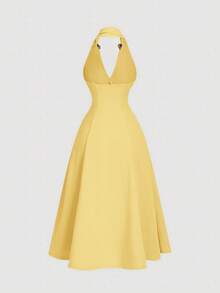 MOD Vestido de mujer de longitud media sin mangas con decoración floral 3D metálica para vacaciones - amarillo ganso - Ver 2