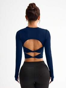 Slayform Damska jednokolorowa koszulka z długim rękawem i odkrytymi plecami do jogi i baletu - Granatowy - Zobacz 4
