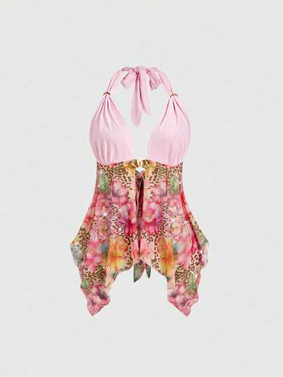 ROMWE Avant Summer Music Festival Vacation Hibiscus Rhinestone Full Print Sexy Crop Top Asymmetrical Hem Camisole For Women