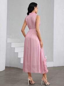Modelyn Women's French Style Pink Satin Stand Collar Tie-Waist Double Ruffle Hem Sleeveless Dress - Pink - View 4