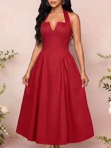 SHEIN Lady Vestito midi da donna con laccio al collo di colore rosso - Rosso - Visualizzare 8