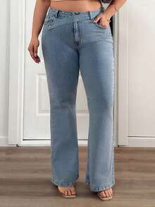 Plus Elastic High Waist Casual Flare Jean - Light Wash - View 6